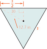 A triangle with sides s has a radius measuring 12. 7 inches meeting top side at a 30 degree angle, and apothem meeting top side forming a segment measuring s over 2 to the same angle.