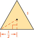 A triangle with sides s has apothem dividing bottom side into a segment measuring s over 2, each as the leg of a triangle with radius as hypotenuse.