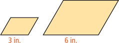 Two parallelograms have bottom bases 3 inches and 6 inches, respectively.