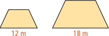 Two trapezoids have bottom bases 12 meters and 18 meters, respectively.
