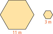 Two hexagons have bottom sides 11 meters and 3 meters, respectively.