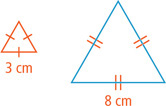 A blue equilateral triangle has sides 8 centimeters. A red equilateral triangle has sides 3 centimeters.