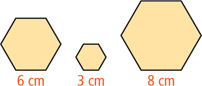 Three hexagons have sides measuring 6 centimeters, 3 centimeters, and 8 centimeters, respectively.