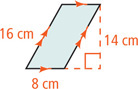A parallelogram has bottom base 8 centimeters, left base 16 centimeters, and height from top to bottom 14 centimeters.