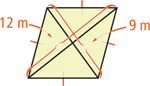A rhombus has diagonals intersecting, one with a 9-meter segment and the other with a 12-meter segment.