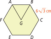 Hexagon ABCDEF has side BC 6radical3 centimeters, and diagonals from A and B meeting at G in the center.