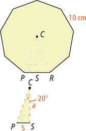 A nonagon, with sides measuring 10 centimeters, has radius lines CP and CR to the bottom vertices and apothem CS between them. Triangle PCS has angle C measuring 20 degrees, leg PS measuring 5, and leg CS measuring a.