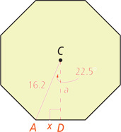 An octagon with center C has a right triangle formed with hypotenuse as radius CA, measuring 16.2, a leg as apothem CD, measuring a, and leg AD measuring x., opposite angle C measuring 22.5 degrees.