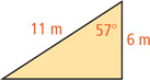 A triangle has an angle measuring 57 degrees with adjacent sides 6 meters and 11 meters.
