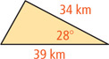 A triangle has an angle measuring 28 degrees with adjacent sides 34 kilometers and 39 kilometers.