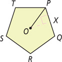 Pentagon PQRST with center O has radius OP and apothem OX to side PQ.