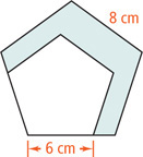 A shaded pentagon with sides 8 centimeters has a pentagon with sides 6 centimeters cut from its lower left corner.