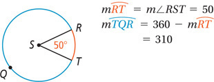 A circle with center S has angle RST measuring 50 degrees, with point Q on the other arc between R and T. The measure of arc RT = m of angle RST = 50. The measure of arc TQR = 360 minus measure of arc RT = 310.