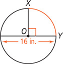A circle with center O has diameter AY measuring 16 inches, and radius OX perpendicular to AY, with arc XY shaded.