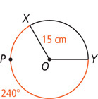 A circle with radius 15 centimeters has arc XPY measuring 240 degrees.
