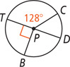 A circle with center P has diameter DT, radius PB perpendicular to DT, and radius PC on the opposite side of PB, with angle CPT 128 degrees.