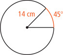 A circle has two radii, measuring 14 centimeters, with red arc between them 45 degrees.