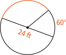A circle with diameter 24 feet has a radius line with arc to right side of the diameter 60 degrees and the other arc to the left side of the diameter shaded red.