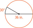 A circle with diameter 36 inches has a radius line with two arcs between it and the left side of the diameter, one measuring 30 degrees and the other shaded red.
