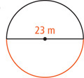 A circle with diameter 23 meters has one of the two arcs shaded red.