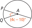 A circle with center A has diameter with left side P. Radius AQ forms angle PAQ measuring c degrees, with angle (4c minus 10 degrees) from AQ to the right end of the diameter.