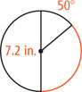 A circle with radius 4.1 feet has two diameter lines, one horizontal and one rising left to right. The arc between the left sides of the diameters is 45 degrees. The arc from the left side of the horizontal to the right side of the diagonal is red.