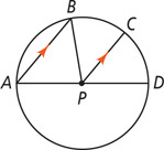A circle with center P has horizontal diameter AD and radius PB above. Above AD, segment AB is parallel to segment PC, with C on arc BD.