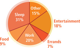 A circle graph is divided into six sections: Entertainment 18%, Errands 7%, Work 20%, Food 9%, Sleep 31%, and Other 15%.