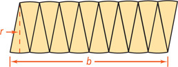 A row of eight wedges pointing down is interlocked with a row of eight wedges pointing up, to get a parallelogram with height r, the radius of the circle, and base b.