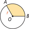 A circle with center P has radius lines OA and OB measuring r, with small sector between them shaded.