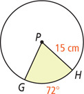 A circle with center P has radius lines PG and PH measuring 15 centimeters, with arc GH 72 degrees and sector GPH shaded.