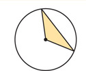 A circle has a shaded triangular region within between two radius lines and a segment connecting the ends of them.