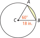 A circle with center C has radii CA and CB measuring 18 inches, with angle ACB 60 degrees and segment between AB and the circle shaded.