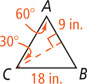 Triangle ACB, with angle A 60 degrees and side BC 18 inches, has an altitude line from C to side AB 9 inches from A, 30 degrees from side AC.