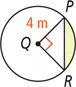 A circle with center Q has radii QP and QR measuring 4 meters and perpendicular to each other, with the segment between PR and the circle shaded.