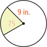 A circle has radii 9 inches 75 degrees apart, with the sector between them shaded.