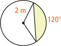 A circle has two radii 2 meters with arc between 120 degrees. The region between the arc and a line connecting the radii is shaded.