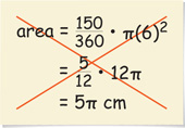 An incorrect calculation reads area = 150 over 360 all times pi (6) squared = 5 over 12 all times 12 pi  = 5 pi centimeters.