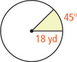 A circle has two radii measuring 18 yards, arc 45 degrees, and the region between shaded.