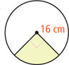 A circle has two perpendicular radii measuring 16 centimeters with the region between shaded.