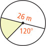 A circle has diameter line 26 meters with a radius line forming a shaded region with the left side of the diameter and a 120 degree angle with the right side of the diameter.