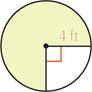 A circle has two perpendicular radii measuring 4 feet with the large region between them shaded.