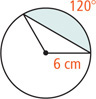 A circle has two radius lines measuring 6 centimeters with arc 120 degrees between them. A shaded segment is between the arc and a line connecting the ends of the radii.