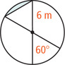 A circle with radius 6 meters has two diameter lines with a shaded region between an arc between them and a line connecting their ends.