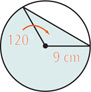 A circle with two radius lines measuring 9 centimeters 120 degrees apart has a shaded region outside a segment between the arc between them and a line connecting their ends.