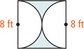 A shaded square with sides 8 feet has two semicircles removed spanning opposite sides and meeting at the center.