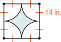 A shaded square has quarter circles with congruent radii of 14 inches removed from each corner.