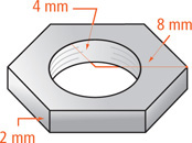 A hexagonal nut 2 millimeters thick has radius 8 millimeters with a circle of radius 4 millimeters removed from the center.