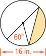 A circle with diameter 16 inches has three radius lines. Two radii are 60 degrees apart. The segment between the other arc and a segment connecting two of the radii is shaded.