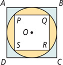 Blue square ABCD has a yellow circle centered at O inscribed inside. The circle has square PQRS inscribed inside.